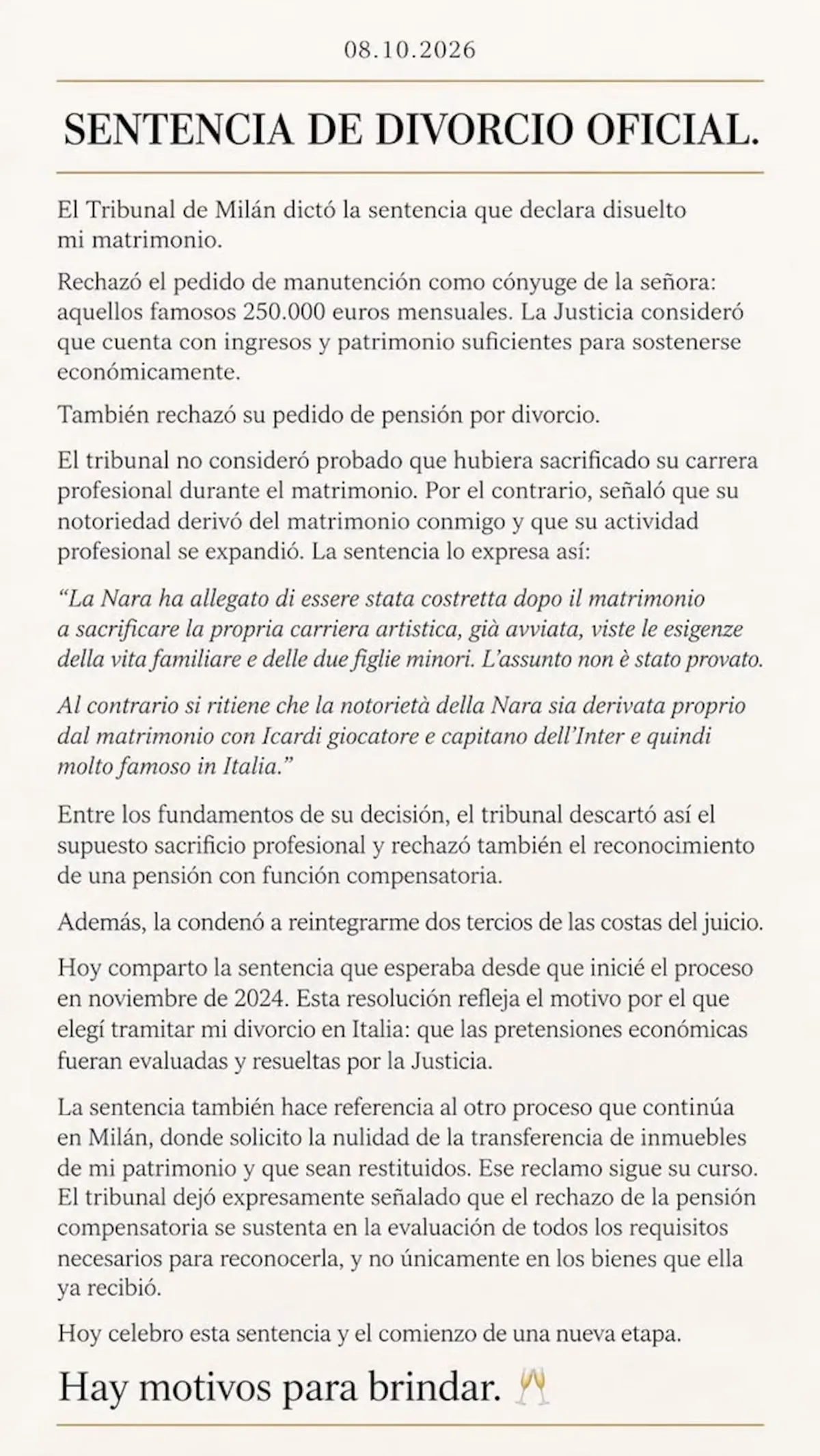 Mauro Icardi celebró su divorcio de Wanda Nara.