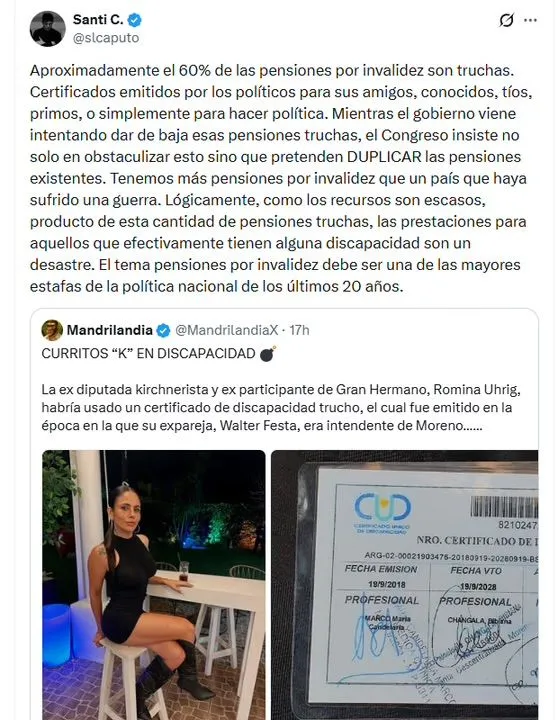 La publicación de Santiago Caputo sobre las pensiones por invalidez.